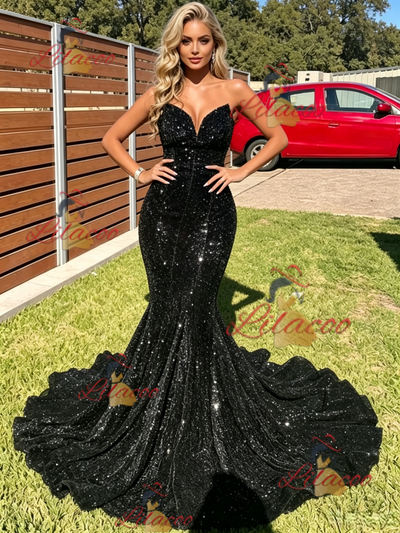 Black Mermaid Sequins Strapless Prom Dress