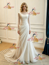White Mermaid Tulle Long Sleeve Split Wedding Dress