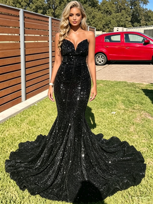 Black Mermaid Sequins Strapless Prom Dress