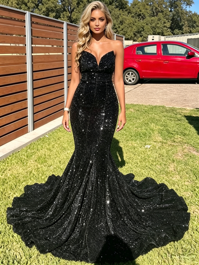 Black Mermaid Sequins Strapless Prom Dress