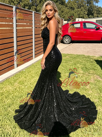 Black Mermaid Sequins Strapless Prom Dress