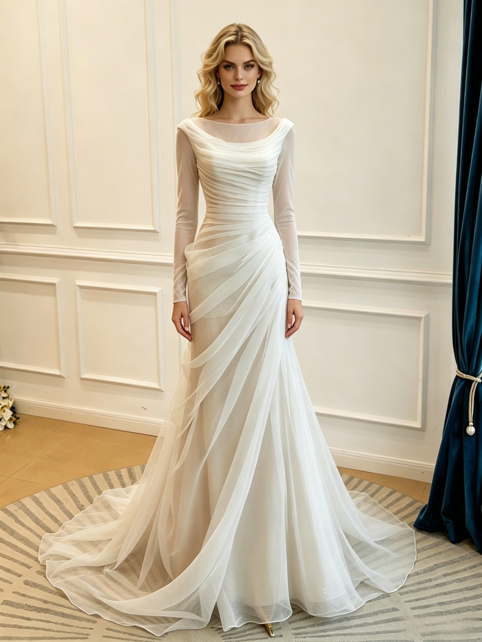 White Mermaid Tulle Long Sleeve Split Wedding Dress