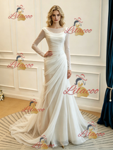 White Mermaid Tulle Long Sleeve Split Wedding Dress