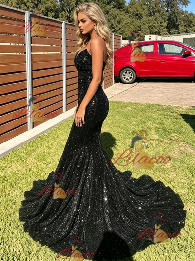 Black Mermaid Sequins Strapless Prom Dress