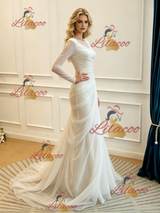 White Mermaid Tulle Long Sleeve Split Wedding Dress