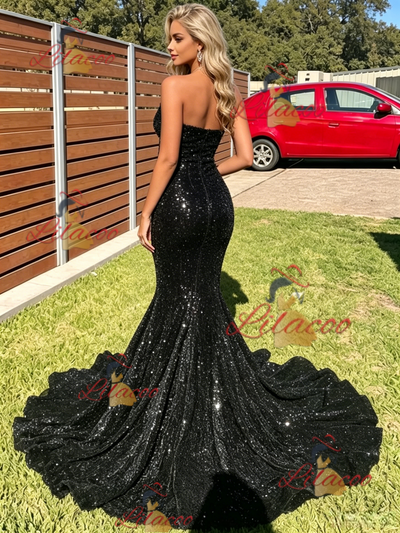 Black Mermaid Sequins Strapless Prom Dress