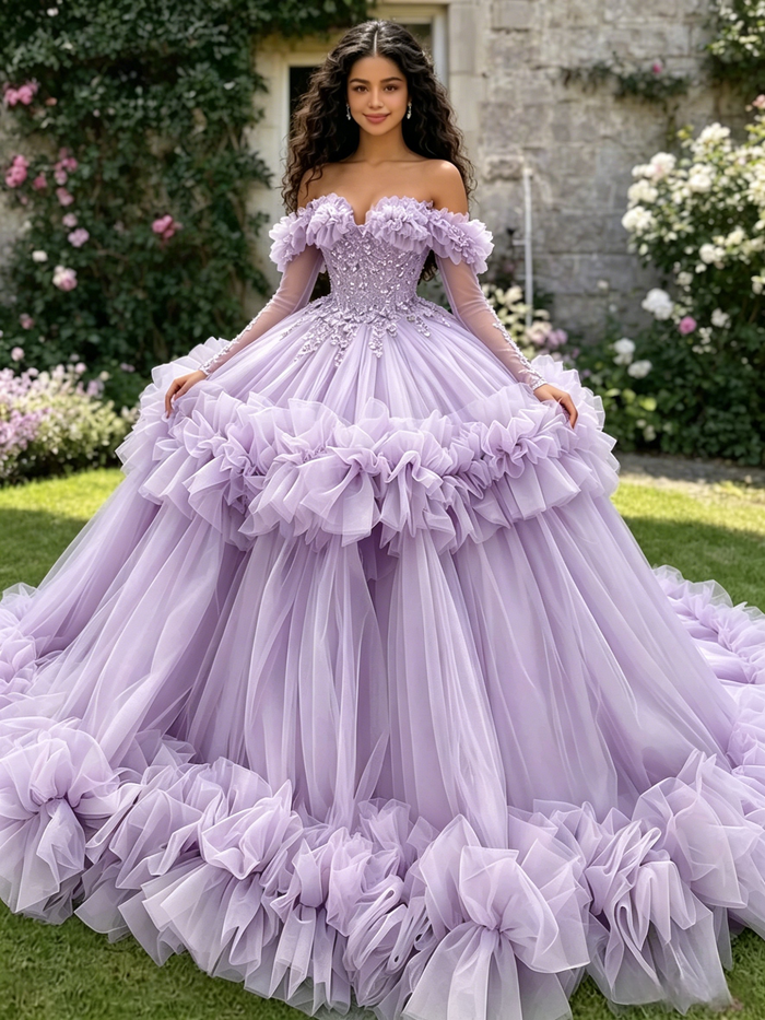 Purple Tulle Long Sleeve Princess Quinceanera Dress