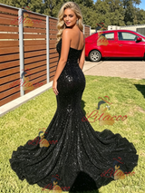 Black Mermaid Sequins Strapless Prom Dress