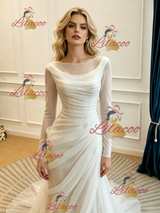 White Mermaid Tulle Long Sleeve Split Wedding Dress