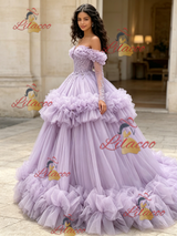 Purple Tulle Long Sleeve Princess Quinceanera Dress