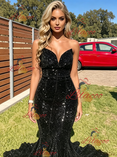 Black Mermaid Sequins Strapless Prom Dress