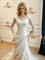 White Mermaid Tulle Long Sleeve Split Wedding Dress