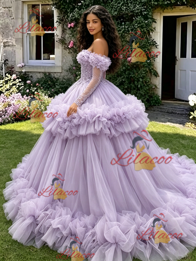 Purple Tulle Long Sleeve Princess Quinceanera Dress