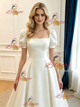 Beige White Satin Puff Sleeve Wedding Dress