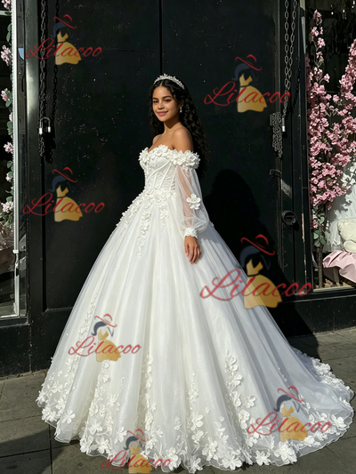 White Tulle Long Sleeve Flower Quinceanera Dress