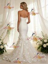 Ivory Mermaid Satin Tulle Flower Wedding Dress