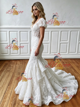 White Mermaid Lace Cap Sleeve V-neck Wedding Dress