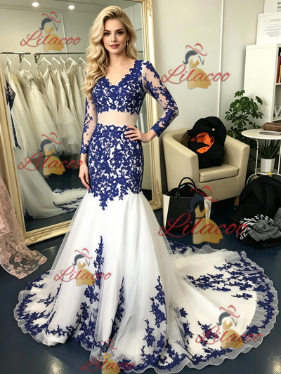 White Mermaid Tulle Blue Appliques Prom Dress