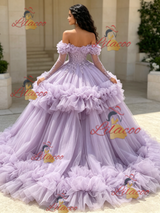 Purple Tulle Long Sleeve Princess Quinceanera Dress