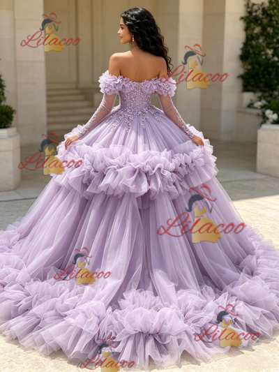 Purple Tulle Long Sleeve Princess Quinceanera Dress