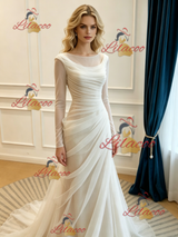 White Mermaid Tulle Long Sleeve Split Wedding Dress