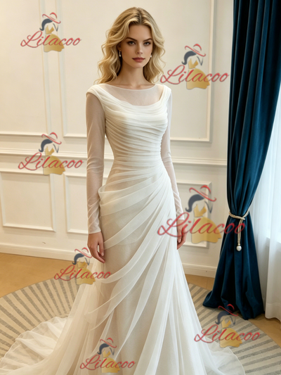 White Mermaid Tulle Long Sleeve Split Wedding Dress