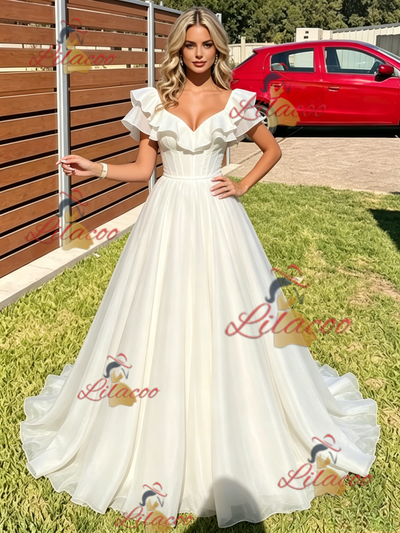 White Tulle V-neck Prom Dress