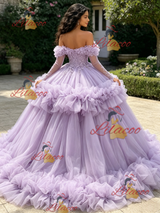 Purple Tulle Long Sleeve Princess Quinceanera Dress
