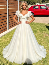White Tulle V-neck Prom Dress