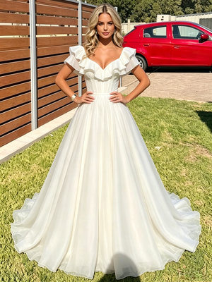 White Tulle V-neck Prom Dress