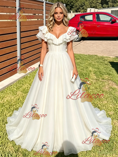 White Tulle V-neck Prom Dress