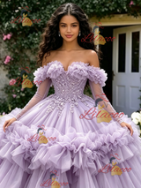 Purple Tulle Long Sleeve Princess Quinceanera Dress