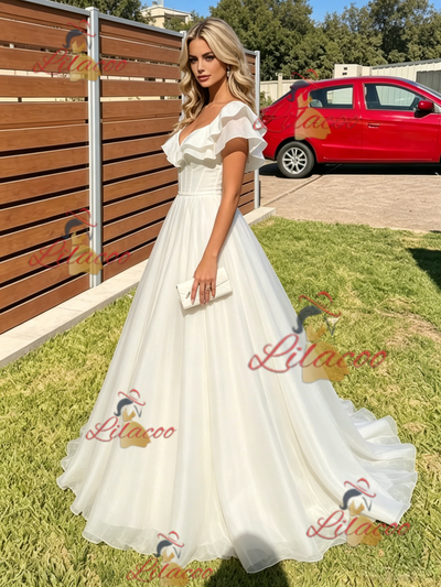 White Tulle V-neck Prom Dress