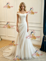 White Mermaid Tulle Off the Shoulder Split Wedding Dress