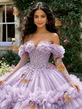 Purple Tulle Long Sleeve Princess Quinceanera Dress