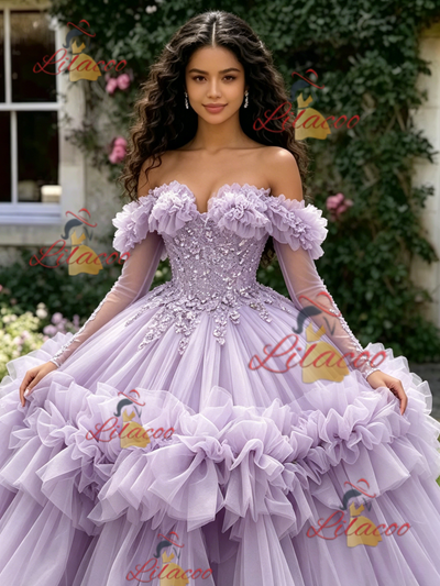 Purple Tulle Long Sleeve Princess Quinceanera Dress