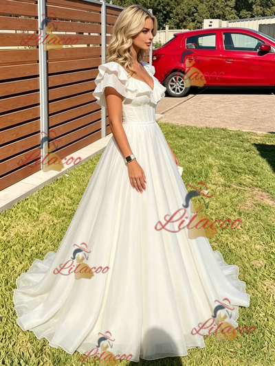 White Tulle V-neck Prom Dress
