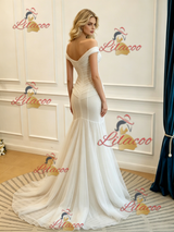 White Mermaid Tulle Off the Shoulder Split Wedding Dress