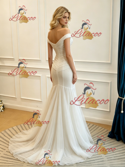 White Mermaid Tulle Off the Shoulder Split Wedding Dress