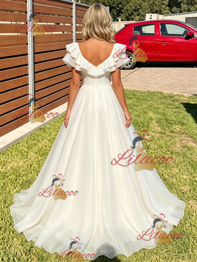 White Tulle V-neck Prom Dress