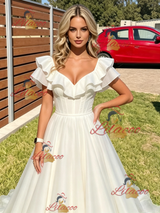 White Tulle V-neck Prom Dress