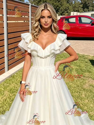 White Tulle V-neck Prom Dress