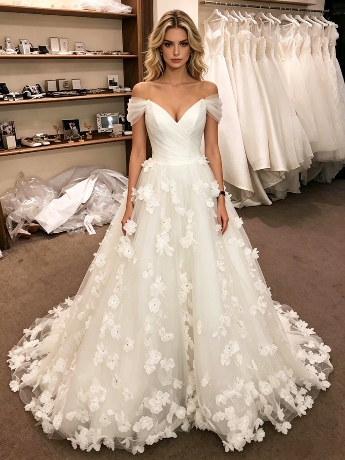 White Tulle Off the Shoulder 3D Flower Wedding Dress