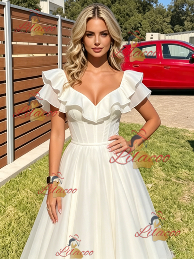 White Tulle V-neck Prom Dress