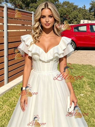 White Tulle V-neck Prom Dress