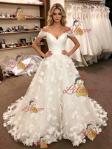 White Tulle Off the Shoulder 3D Flower Wedding Dress