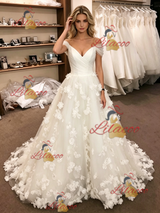 White Tulle Off the Shoulder 3D Flower Wedding Dress