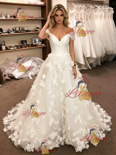 White Tulle Off the Shoulder 3D Flower Wedding Dress