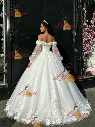 White Tulle Long Sleeve Flower Quinceanera Dress