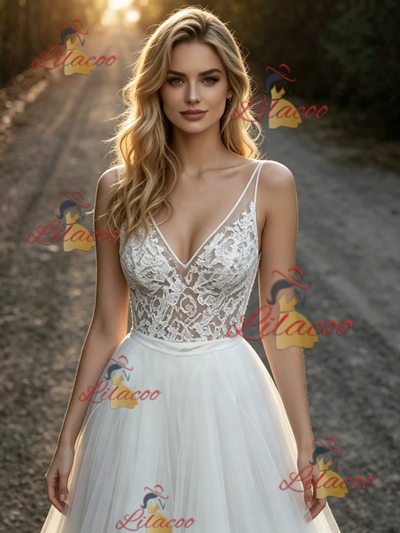 White Tulle Lace V-neck Wedding Dress